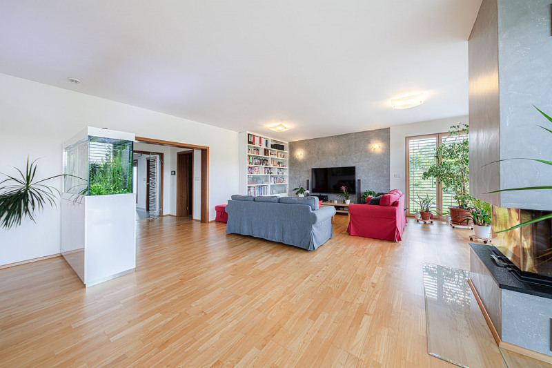 Protáhlý společný obývací prostor se obrací řadou francouzských oken k výhledům na město a dále do krajiny. Je rozdělen pomocí akvária na sezení a kuchyňskou část s jídelním stolem. Světlé dřevo, především podlaha z třívrstvých lamel z tropického dřeva Hevea, udává optimistický a hřejivý tón, který majitelka domu doplnila šedými a červenými doplňky. Neutrální šedá stěrka také jemně zvýrazňuje krbové těleso a plochu televizní stěny