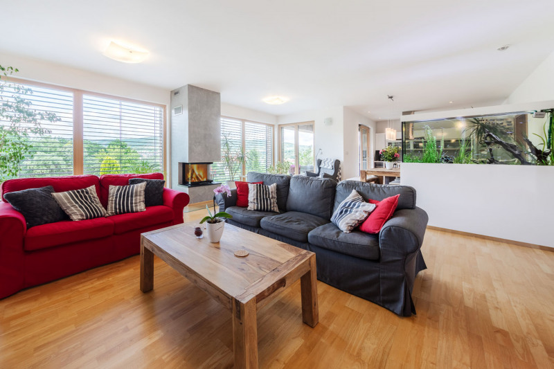 Protáhlý společný obývací prostor se obrací řadou francouzských oken k výhledům na město a dále do krajiny. Je rozdělen pomocí akvária na sezení a kuchyňskou část s jídelním stolem. Světlé dřevo, především podlaha z třívrstvých lamel z tropického dřeva Hevea, udává optimistický a hřejivý tón, který majitelka domu doplnila šedými a červenými doplňky. Neutrální šedá stěrka také jemně zvýrazňuje krbové těleso a plochu televizní stěny