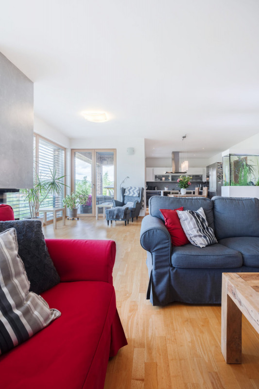 Protáhlý společný obývací prostor se obrací řadou francouzských oken k výhledům na město a dále do krajiny. Je rozdělen pomocí akvária na sezení a kuchyňskou část s jídelním stolem. Světlé dřevo, především podlaha z třívrstvých lamel z tropického dřeva Hevea, udává optimistický a hřejivý tón, který majitelka domu doplnila šedými a červenými doplňky. Neutrální šedá stěrka také jemně zvýrazňuje krbové těleso a plochu televizní stěny