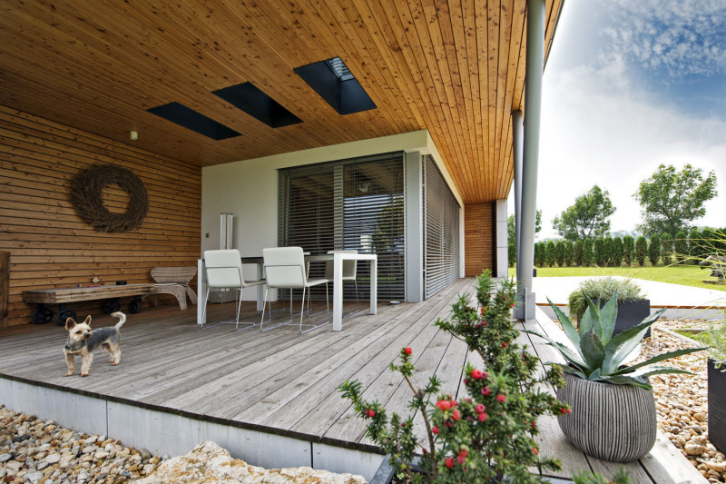 Dolní terasa orientovaná na jihozápad je vhodná pro dlouhá večerní posezení. Na zahradě jsou exotické rostliny v betonových květináčích